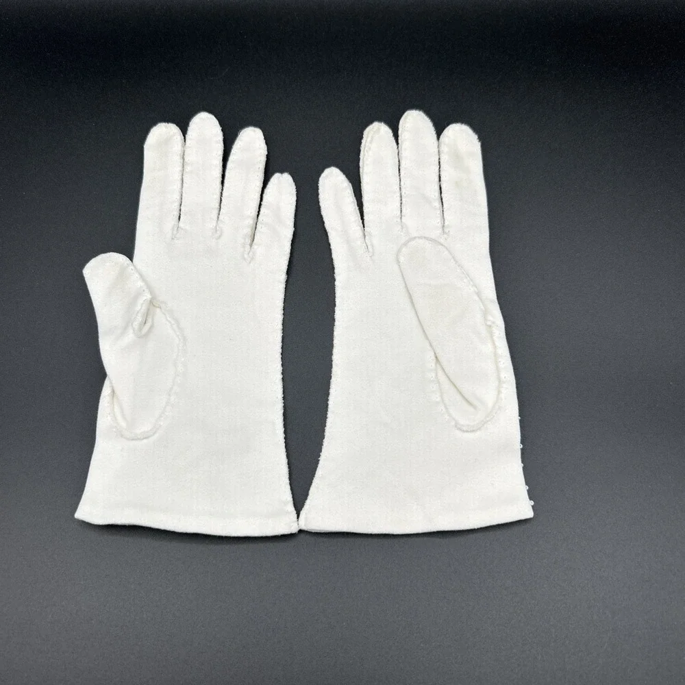 Vtg Womens Cotton Gloves Beaded Wrist Length  Sz 7 White Faux Pearl Embellished